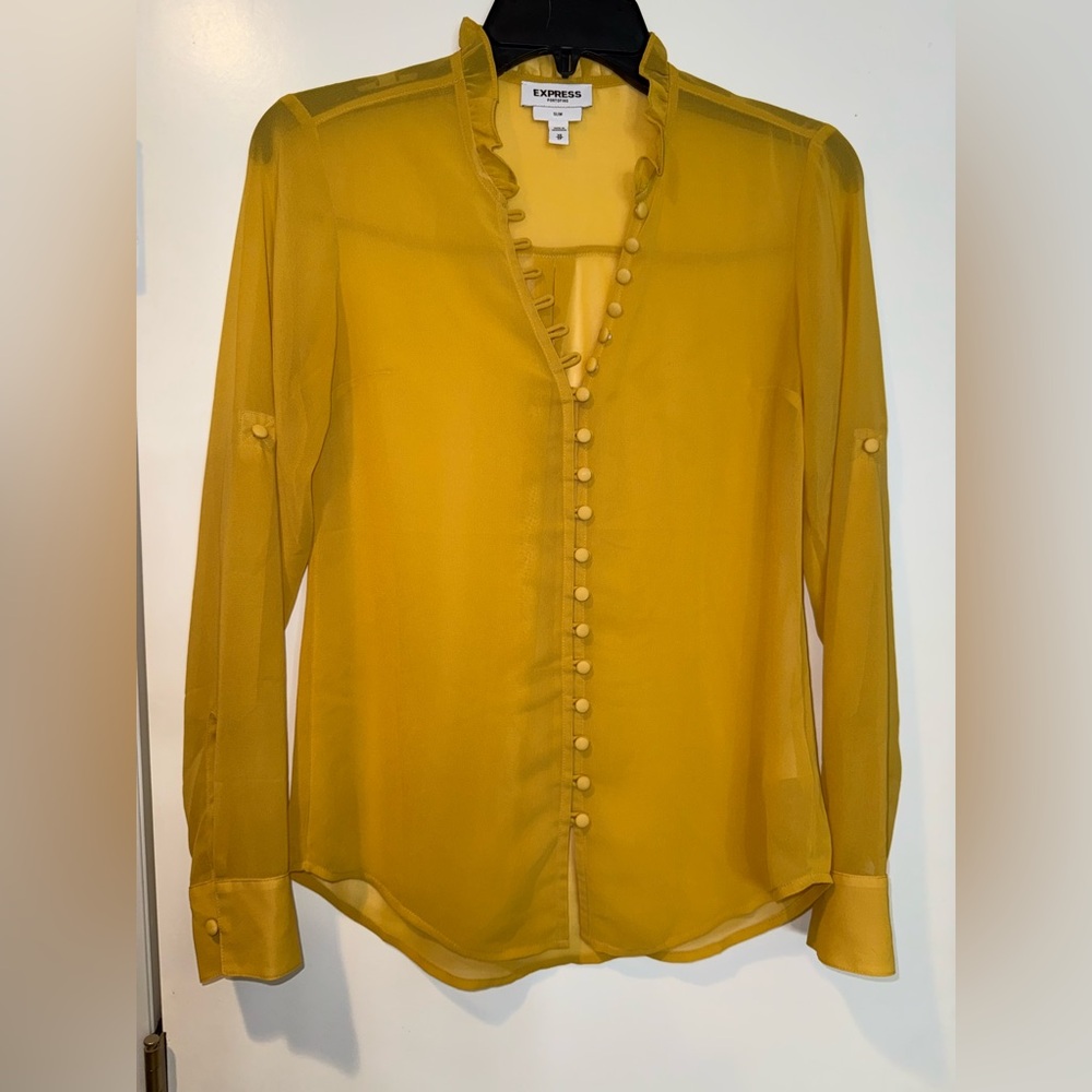 Express Gold Ruffled Long Sleeve Blouse